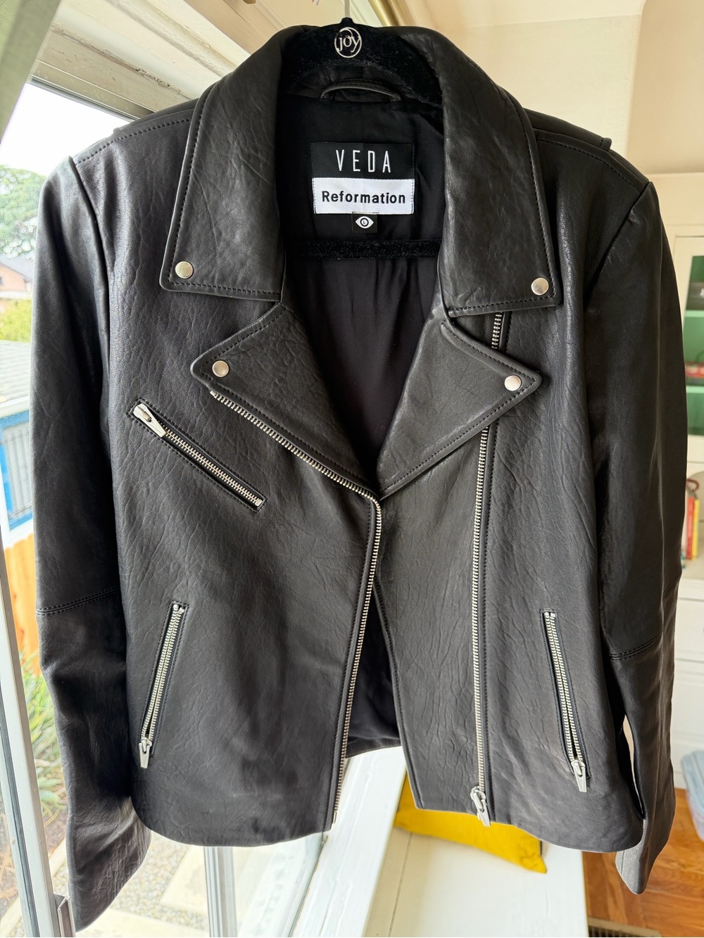 Reformation Veda Black Leather Moto Jacket with Silver Hardware